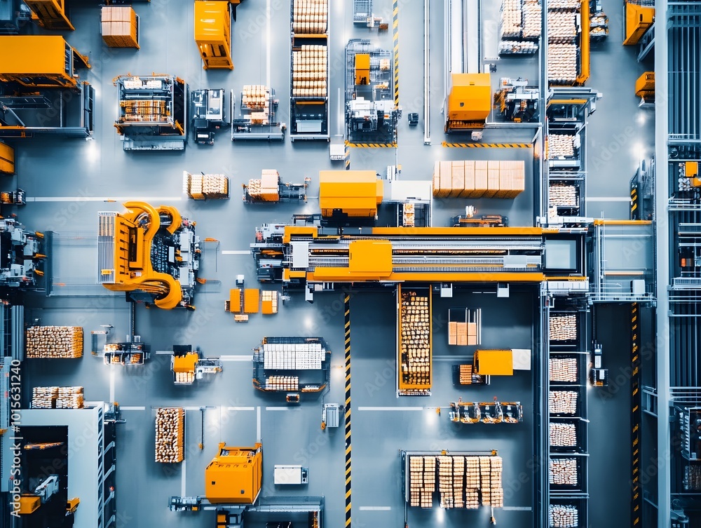 Poster aerial view of a modern warehouse with robotic systems and organized shelves filled with boxes, enha