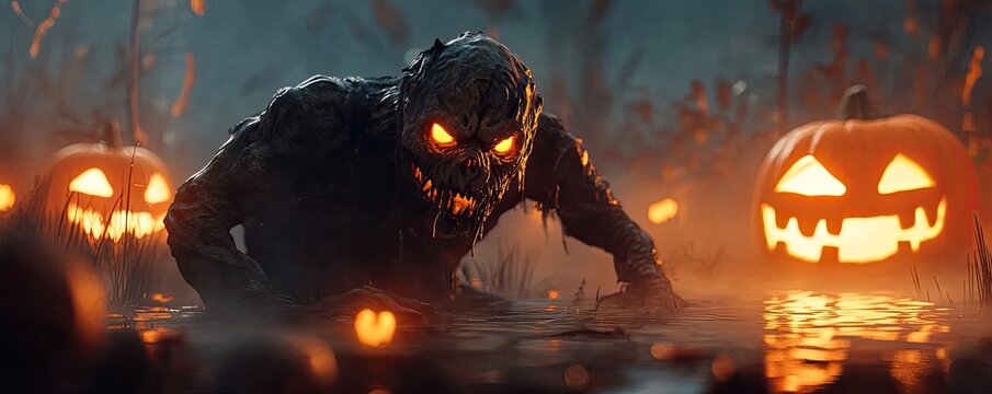 A chilling scene of a creature emerging from foggy waters, surrounded by glowing Halloween pumpkins, evoking an eerie atmosphere.