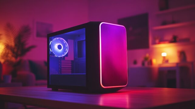 A modern computer case with RGB lighting sits on a table in a living room.