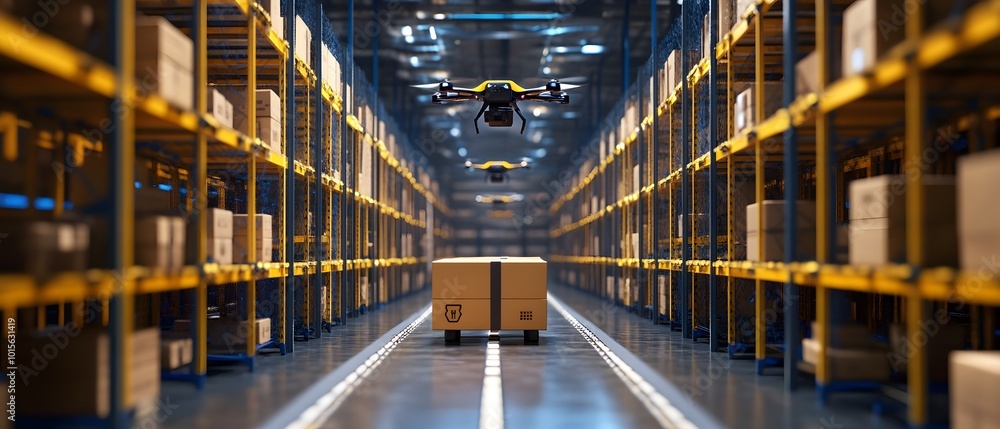 Poster automated warehouse with drones transporting packages among shelves, showcasing advanced logistics a