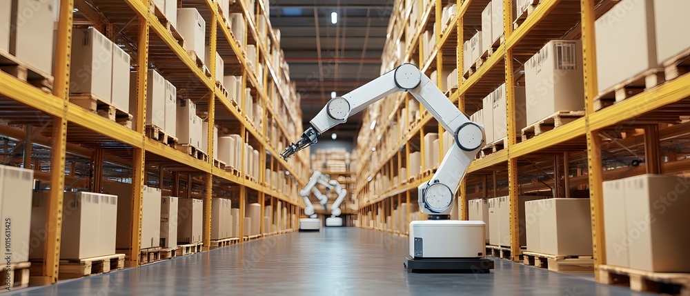 Poster automated warehouse featuring robotic arms efficiently handling boxes on shelves, showcasing advance