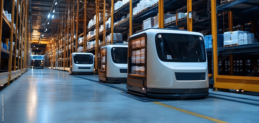 Poster automated robots navigate a modern warehouse, showcasing advanced technology and efficient logistics