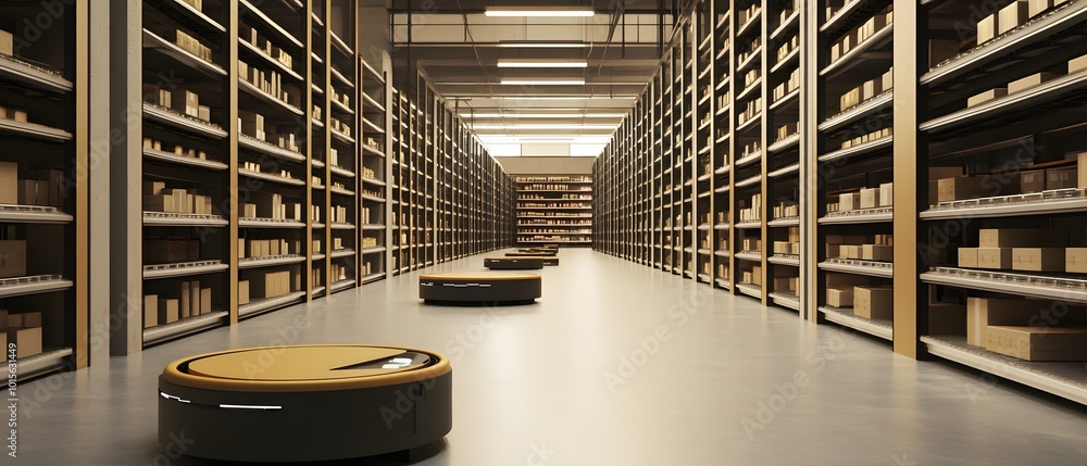 Poster automated robots navigate an organized warehouse, showcasing efficiency in modern logistics and inve