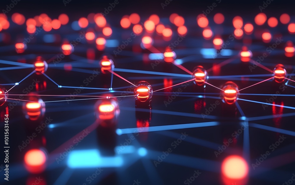 Poster bright red nodes connected by lines create a dynamic network, symbolizing technology and communicati