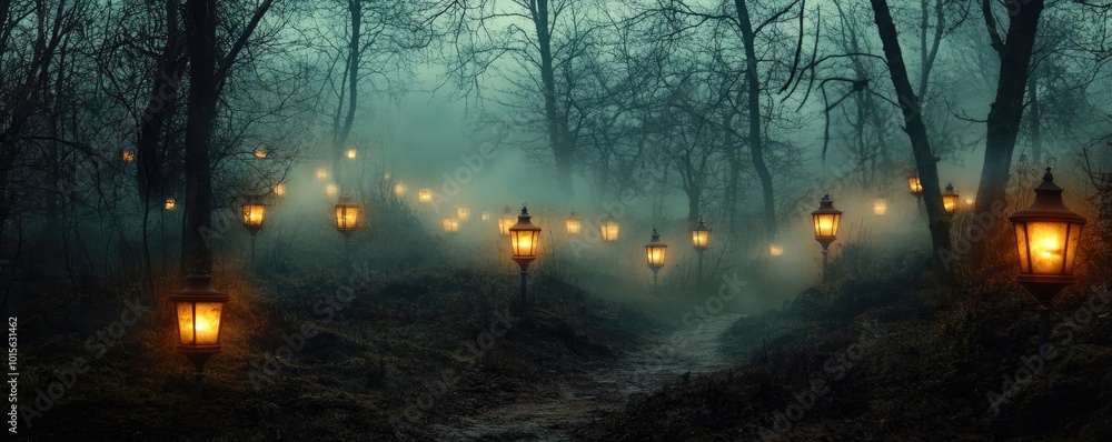 Poster a mystical forest path illuminated by glowing lanterns, shrouded in fog, creating an enchanting and 