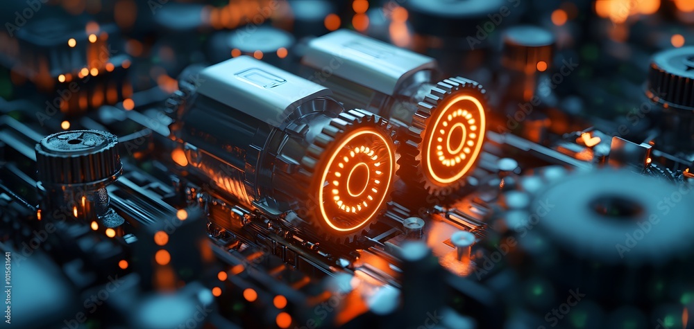 Poster close-up of futuristic circuit board with glowing components, representing advanced technology and i