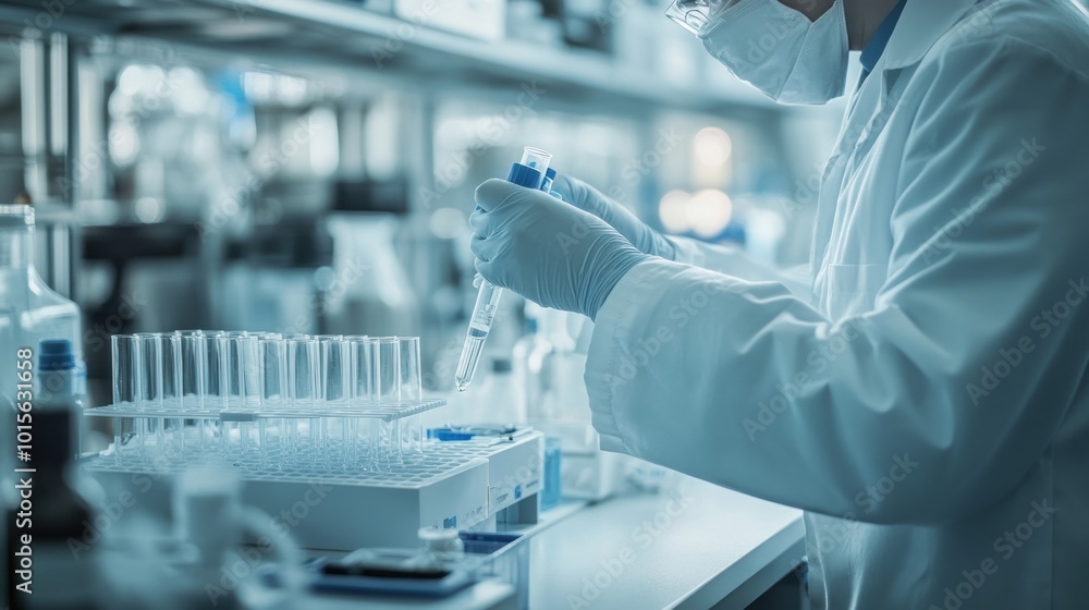 Poster a scientist conducts experiments in a laboratory setting with test tubes and pipettes.