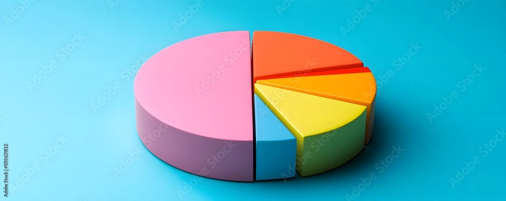 Poster colorful pie chart on a blue background, representing data visualization and statistics in a modern 