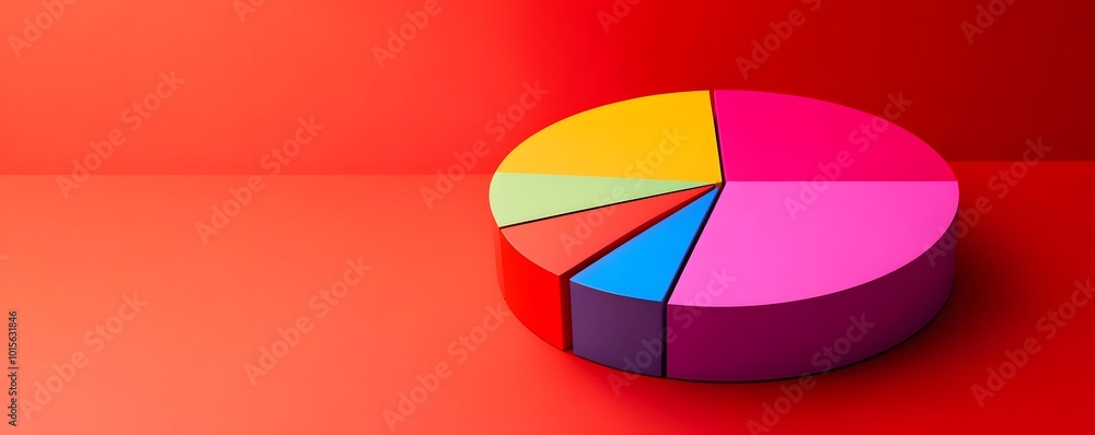 Poster colorful pie chart on a vibrant red background, representing data visualization and analysis concept