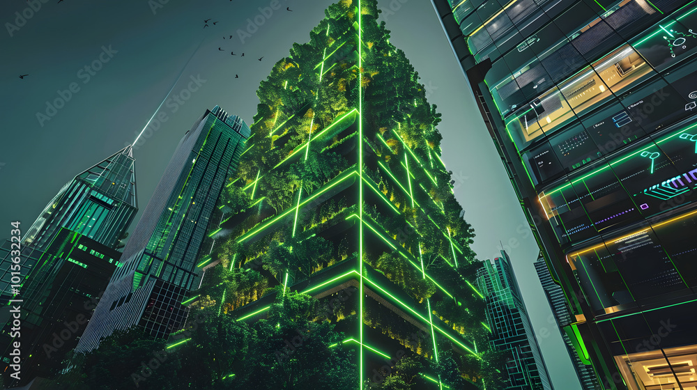 Poster a futuristic skyscraper emitting green light, featuring a vertical forest facade and digital interfa