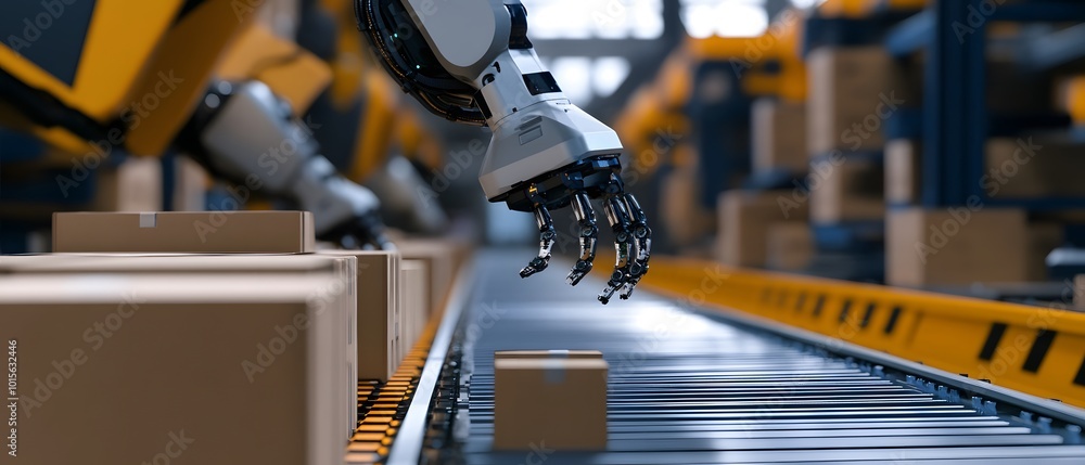 Poster futuristic robotic arm handling boxes on a conveyor belt in a modern warehouse setting, showcasing a