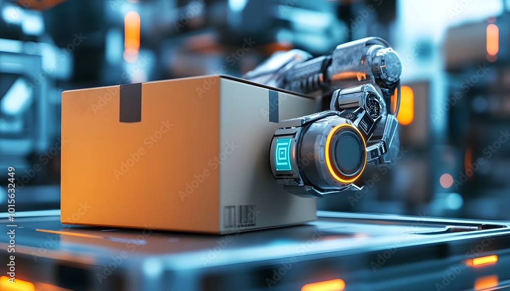 Poster futuristic robotic arm handling a package in a high-tech environment, symbolizing automation and inn