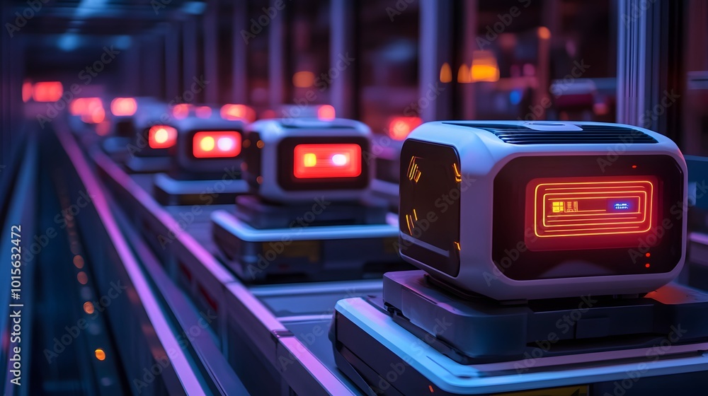 Poster futuristic robots work in a high-tech warehouse illuminated by vibrant neon lights, showcasing advan