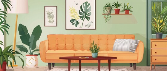 Stylish interior of living room with cozy sofa, chest of drawers, coffee table and houseplants