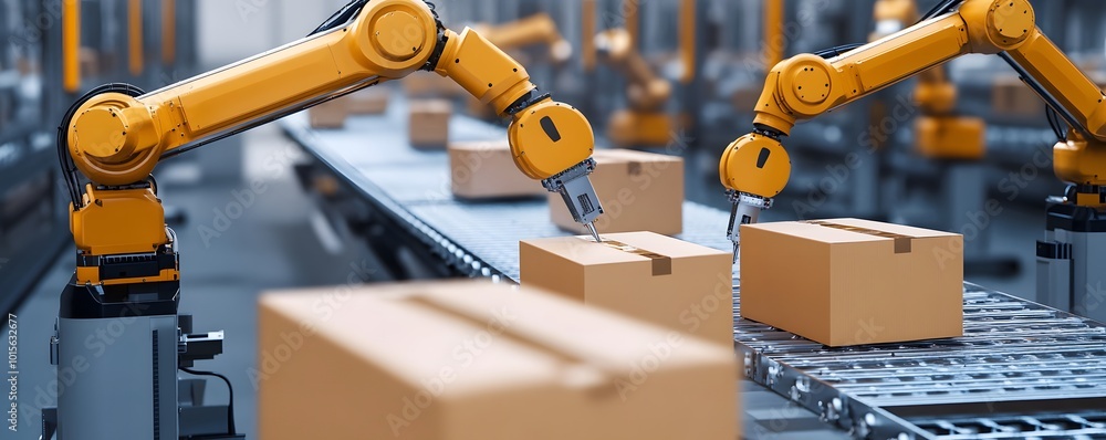 Poster robotic arms sorting and handling packages in a modern warehouse, showcasing advanced automation tec