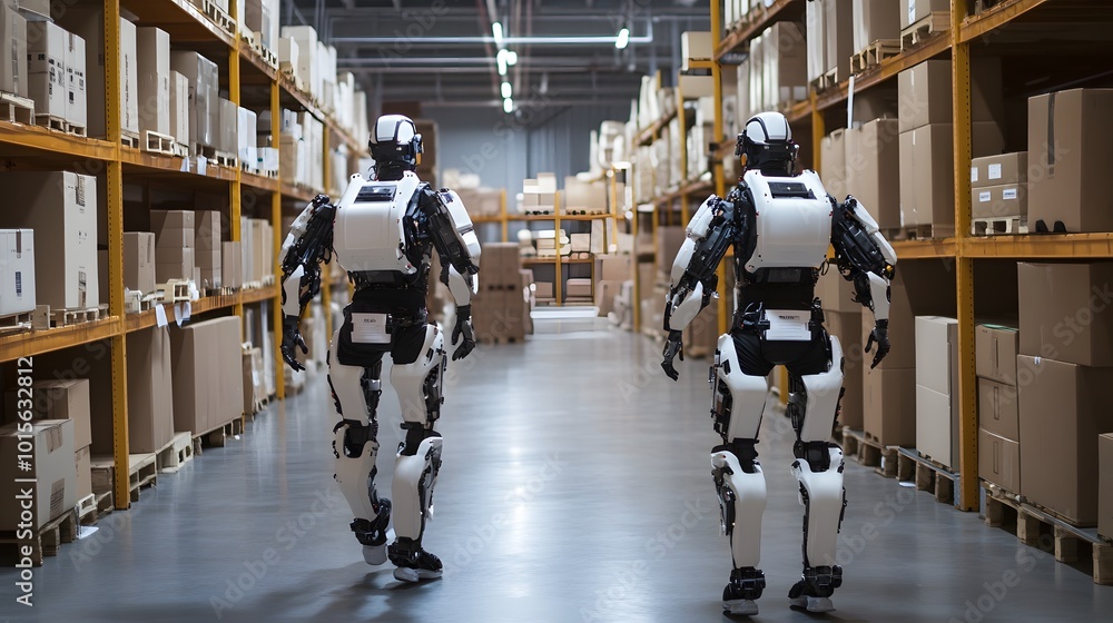 Poster two advanced robots navigate through a modern warehouse filled with storage boxes, showcasing automa