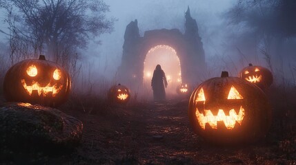 A spooky Halloween scene featuring glowing jack-o'-lanterns amid fog and a mysterious figure in the background.