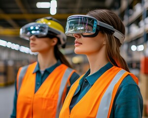 Two women wearing safety vests and augmented reality glasses in a warehouse setting, showcasing innovation in the workplace.