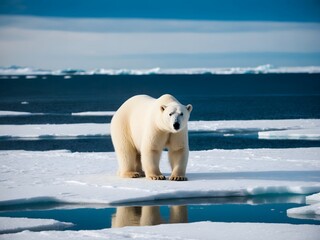 Polar bear on the blue ice. Bear on drifting ice with snow, white animals in nature habitat. At the poles with ice floes that are starting to melt due to global warming.