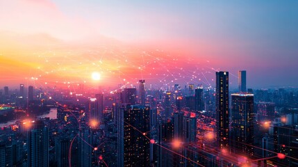 Fototapeta premium A panoramic view of a city skyline at sunset with a network of glowing lines connecting the buildings.