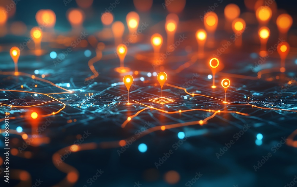 Poster vibrant digital map featuring glowing pins and interconnected lines, representing data connectivity 