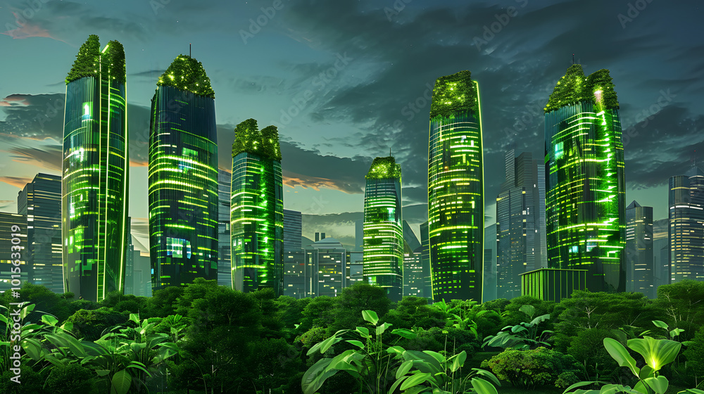 Poster a futuristic skyscraper emitting green light, featuring a vertical forest facade and digital interfa