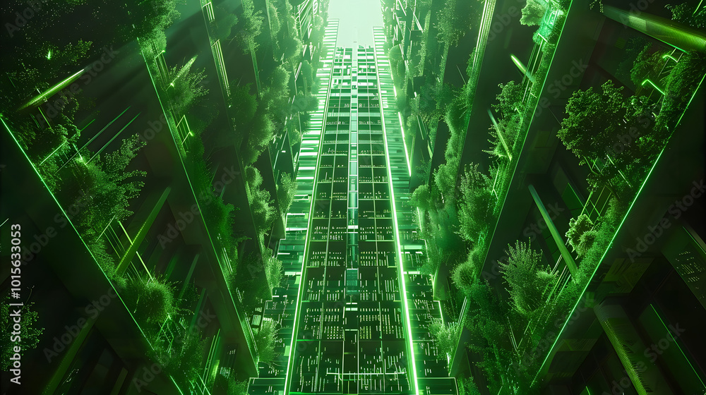 Poster a futuristic skyscraper emitting green light, featuring a vertical forest facade and digital interfa