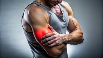 Close up of a person clutching their triceps muscle in pain, injury, strain, soreness, discomfort, arm, muscle, triceps, health