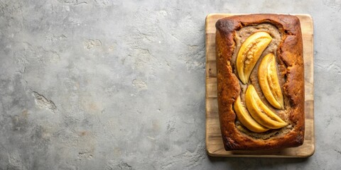 Gluten free paleo banana bread on grey concrete background, table top view , food, dessert, healthy, paleo, gluten free
