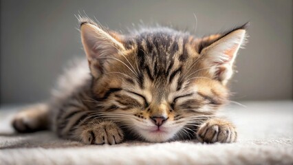 Tabby kitten peacefully sleeping on a soft surface, close-up shot , Tabby, kitten, sleeping, tranquility, peaceful, close-up, cute