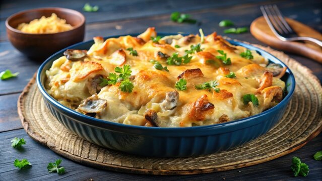 Potato casserole with mushrooms, chicken, and cheese crust on a dark blue plate, comfort food, homemade, savory, hearty