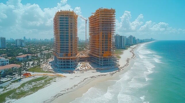 Drone footage of Missoni Baia waterfront condominium under construction in September, showcasing modern architecture along the coastline.