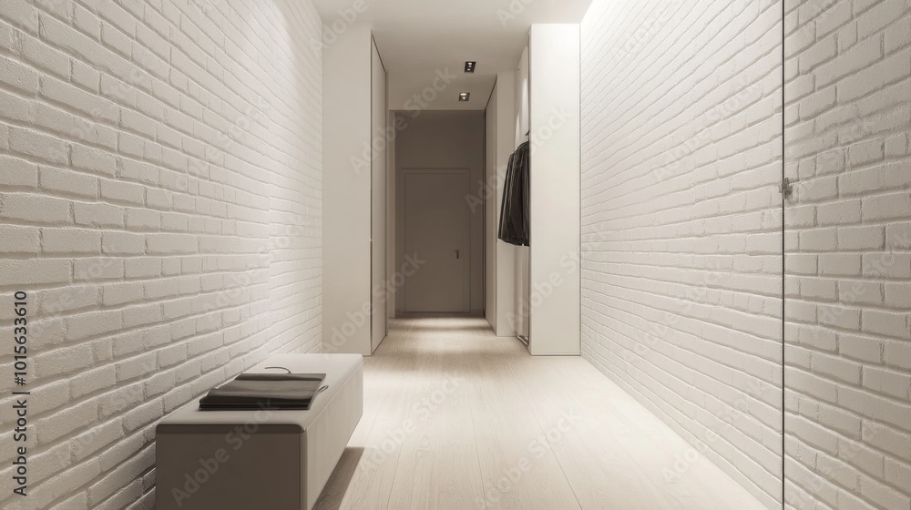 Poster a sleek hallway features white brick walls and clean lines, illuminated by subtle ceiling lights. a 