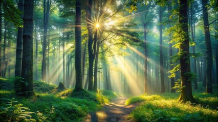 Fototapeta premium Enchanted forest with sun rays filtering through the trees, mystical, magical, fantasy, woodland, nature, sunlight