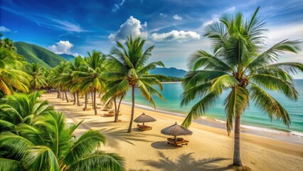 Fototapeta premium Path to the beautiful tropical beach in Vietnam lined with lush green palm trees in an exotic resort setting , palm trees, beach