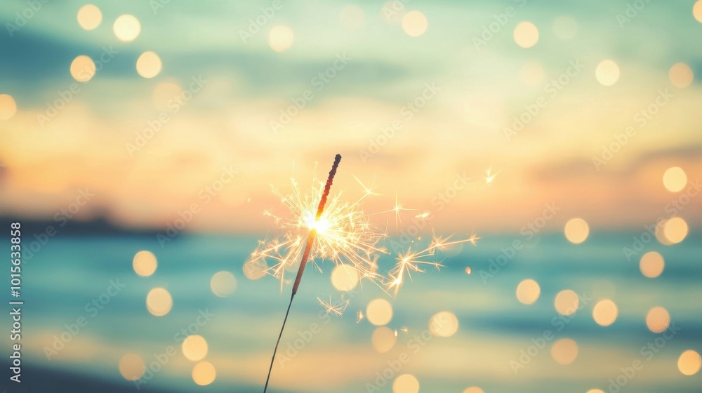 Poster a sparkler lights up the twilight beach, creating a warm ambiance filled with shimmering bokeh light