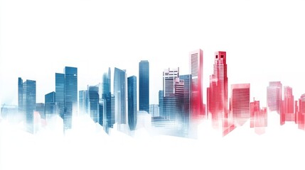Fototapeta premium A panoramic view of a modern city skyline with tall buildings in shades of blue and red.