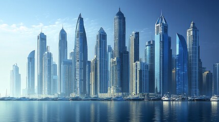 A panoramic view of a modern cityscape with skyscrapers lining the waterfront, bathed in the soft light of dawn.