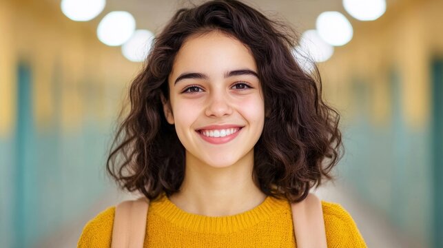 A cheerful student beams with happiness while standing in a vibrant school hallway filled with colorful lights