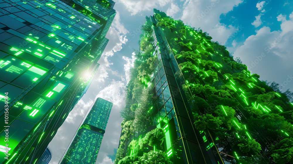 Poster a futuristic skyscraper emitting green light, featuring a vertical forest facade and digital interfa