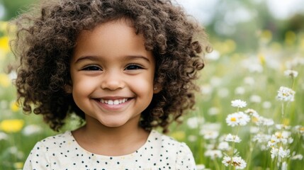The girl happily smiles among blooming flowers, showcasing her curly hair in a sunny field filled with colors