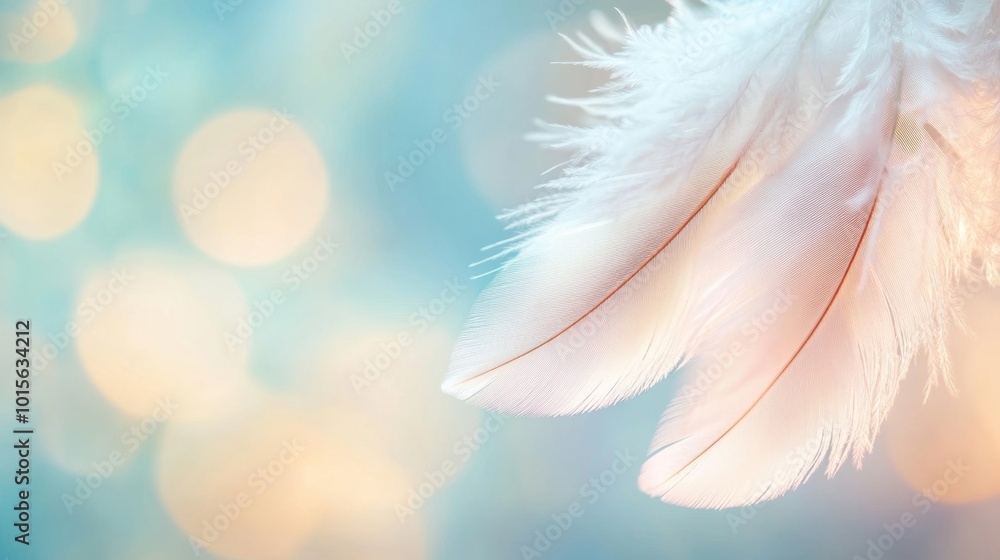 Poster close-up view of soft white feathers glowing softly, creating a calming ambiance with an elegant and