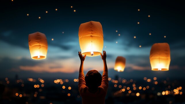 Hands Releasing a Lantern into the Twilight Sky with Lanterns Floating in the Distance