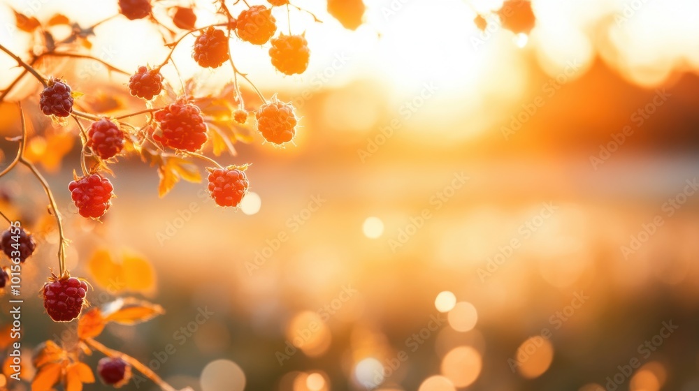 Aufkleber red berries bask in the warm glow of sunlight, creating a vibrant backdrop filled with autumn hues a