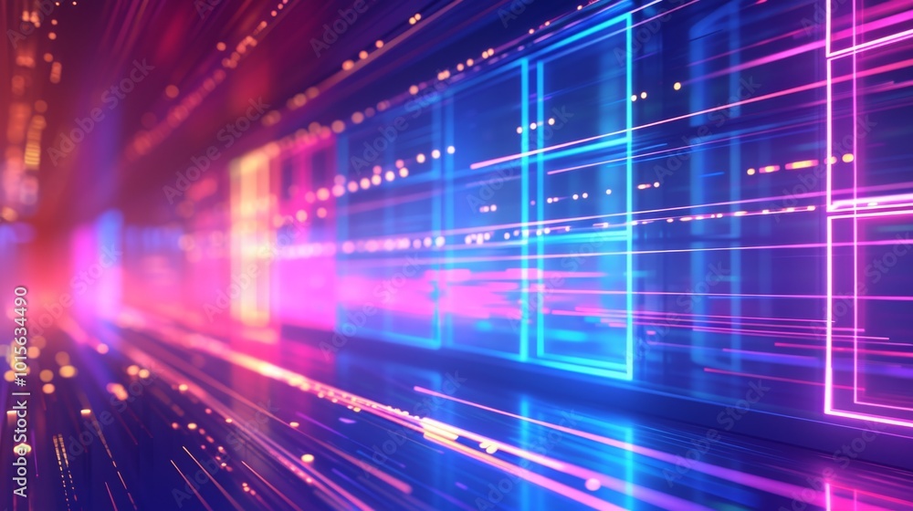Poster a mesmerizing futuristic scene featuring vibrant neon lights and glowing lines creating a dynamic se