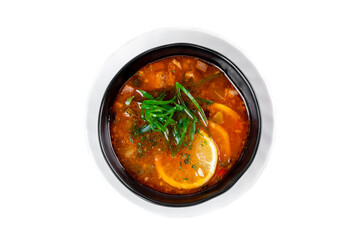 Russian soup Solyanka on white background