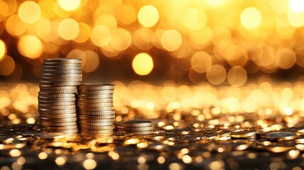 Coins are arranged in stacks, glimmering against a warm golden backdrop that enhances their allure and signifies financial success