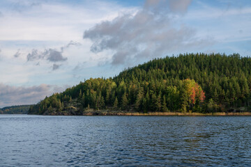 Lake Ladoga near the village Lumivaara on a sunny autumn day, Ladoga skerries, Lakhdenpokhya, Republic of Karelia, Russia