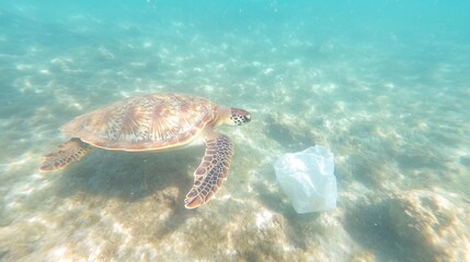 Obraz premium A sea turtle glides gracefully through the ocean while approaching a plastic bag, highlighting marine pollution issues