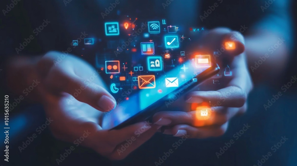 Poster a person holding a smartphone with glowing app icons floating above it.